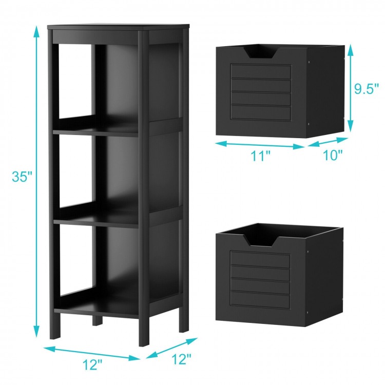 Black wooden floor cabinet with three shelves and two drawers, ideal for bathroom or living room storage solutions.