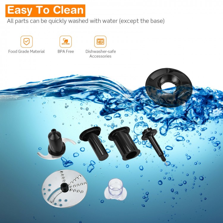 Food processor accessories including blades and parts, made from BPA-free material, easy to clean and dishwasher-safe.