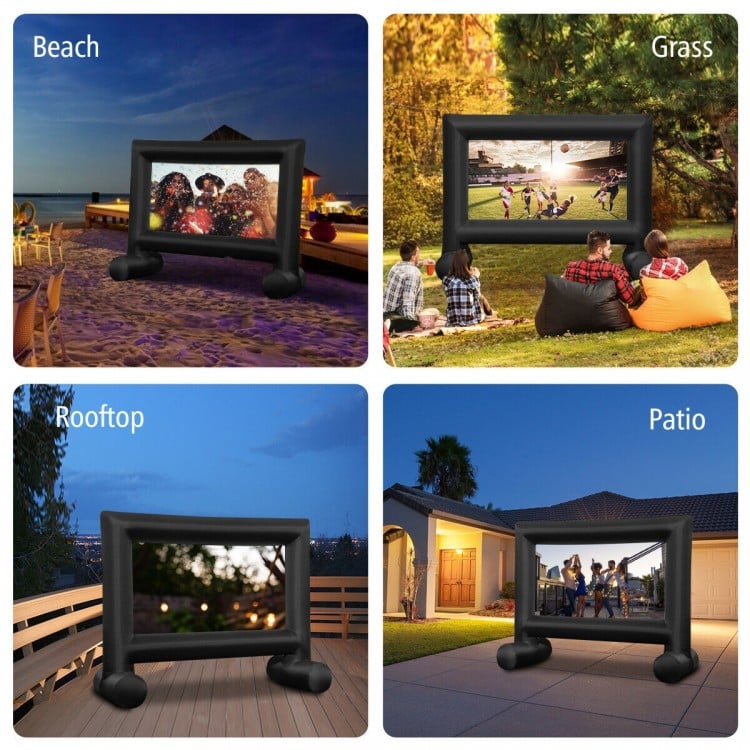 Inflatable outdoor movie projector screen with blower, suitable for beach, rooftop, and patio gatherings. Easy setup.