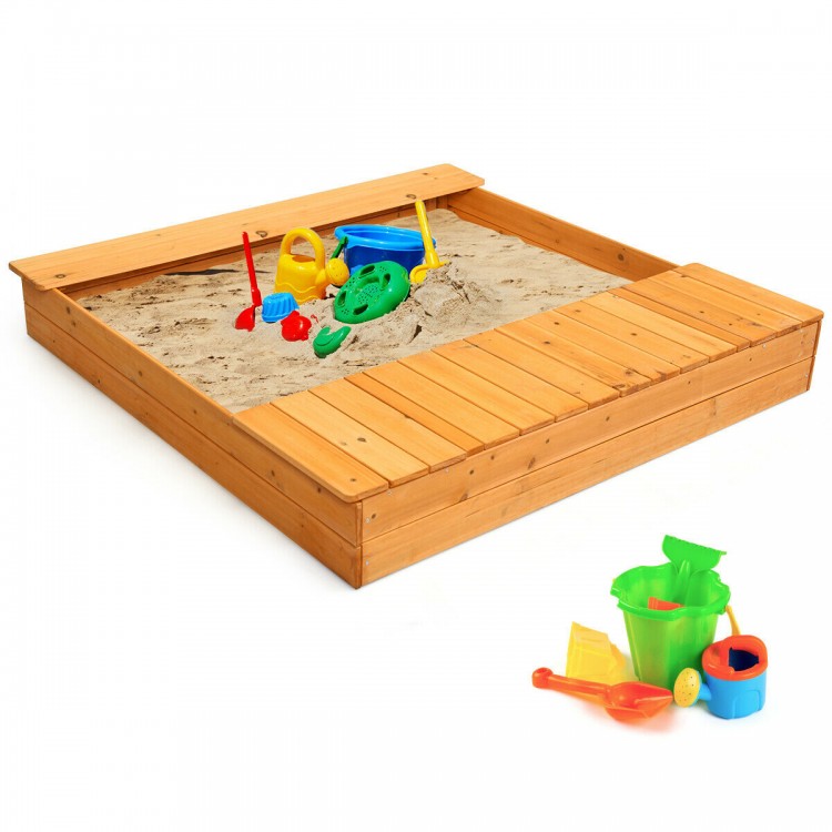 Kids outdoor cedar sandbox with storage boxes, featuring a bottomless design for drainage and ample space for play.
