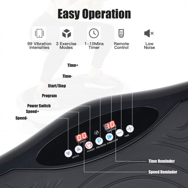 Close-up of the control panel of the Mini Vibration Body Fitness Platform, featuring speed, timer, and mode settings.