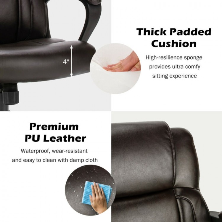 Thick padded cushion and premium PU leather detail of the adjustable executive office chair for comfort and durability.