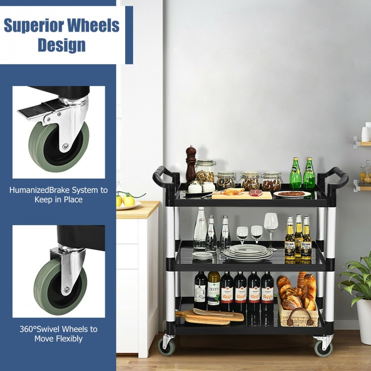 3-shelf utility service cart with aluminum frame, 490lbs capacity, featuring rolling wheels and a braking system for.