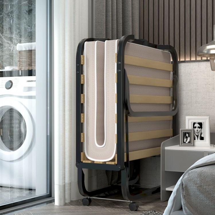 Folding rollaway bed with memory foam mattress, compact design, 360° wheels, ideal for guests in limited spaces.