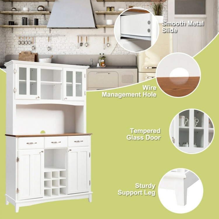 Wood buffet hutch cabinet with tempered glass doors, 3 large drawers, and adjustable shelves for versatile storage.