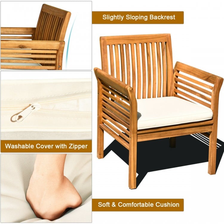 Acacia wood single chair with soft cushion and sloping backrest, ideal for outdoor patio or garden relaxation.