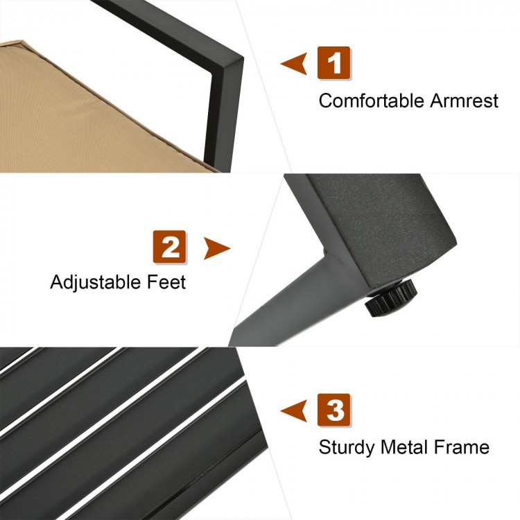 Close-up of the adjustable feet and sturdy metal frame of the 4-piece patio rattan furniture set for outdoor use.