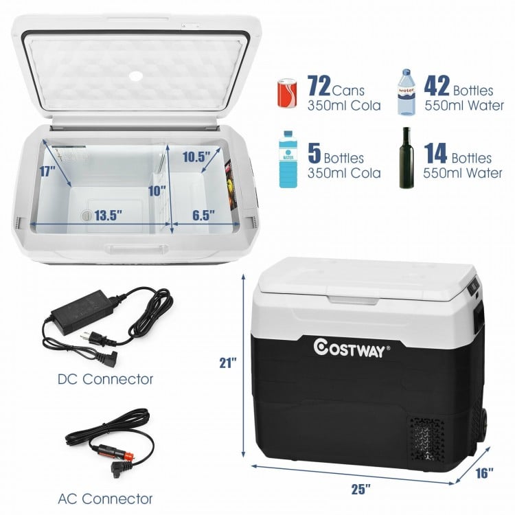 Portable 53 QT dual-zone car refrigerator in white, featuring wheels, a telescopic handle, and rapid cooling from -4°F.