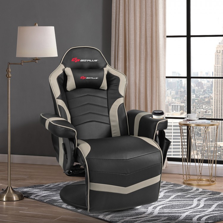 Ergonomic high back massage gaming chair in gray with adjustable backrest and footrest for ultimate comfort.