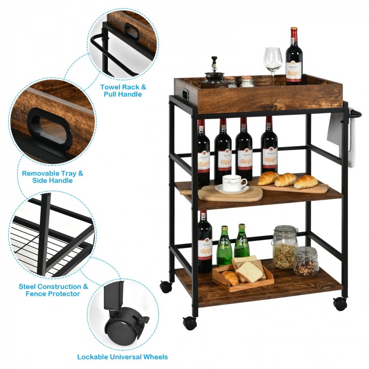 3-tier rustic brown kitchen serving bar cart with removable tray, lockable casters, and towel rack for versatile use.