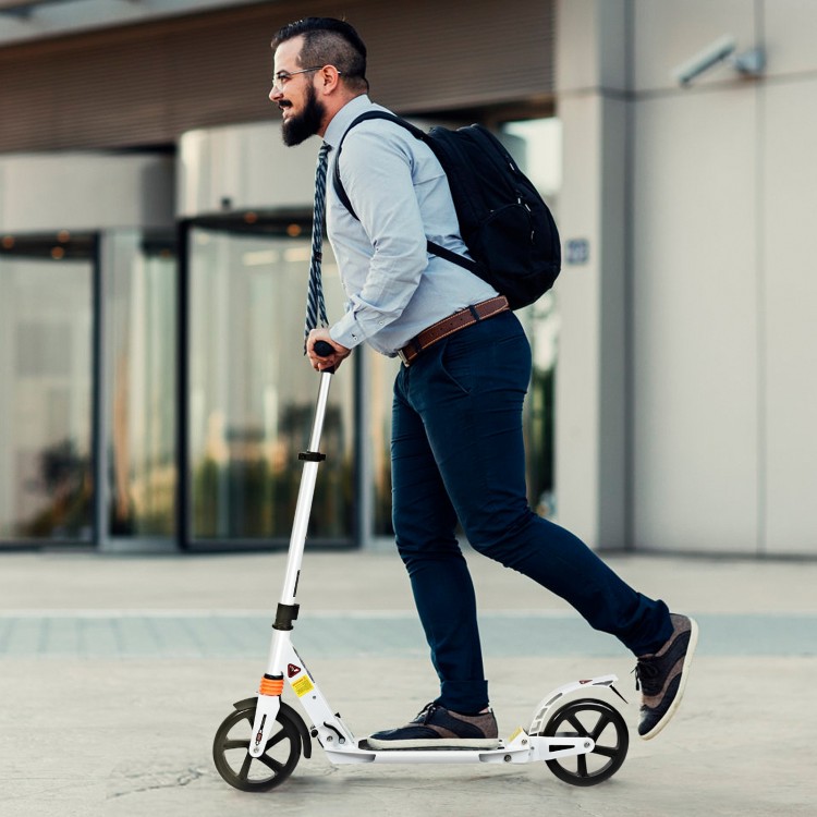 Adjustable folding aluminum kick scooter in white, ideal for commuting, with 8" wheels and a shoulder strap for easy.