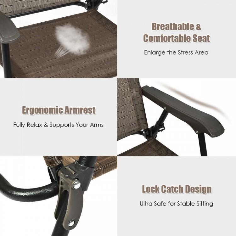 Set of 2 patio folding chairs with ergonomic armrests, breathable fabric, and lock catch design for outdoor relaxation.