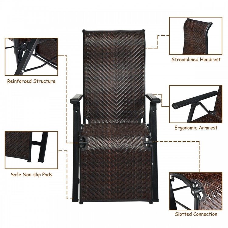 Adjustable patio back folding lounge recliner in durable PE rattan with ergonomic armrests, ideal for outdoor.