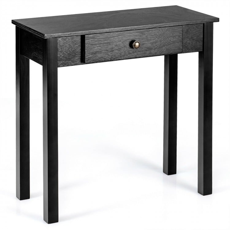 Black small space console table with drawer, made of wood and MDF, perfect for living room or hallway storage.