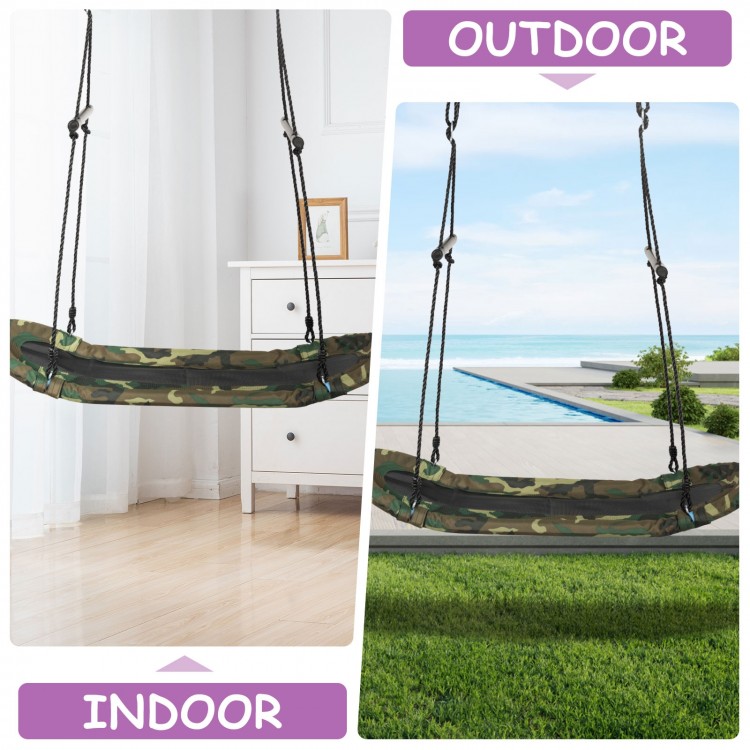 Adjustable army green saucer tree swing for kids, suitable for indoor and outdoor use, with durable metal frame and.