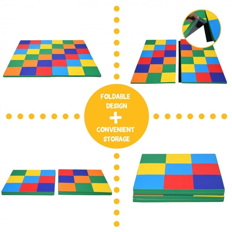Colorful 58-inch baby folding activity floor mat made of non-toxic PU and EPE, perfect for safe play and easy storage.