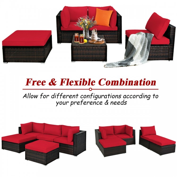 5-piece patio rattan sofa set in red with cushions and ottoman, offering flexible configurations for outdoor relaxation.