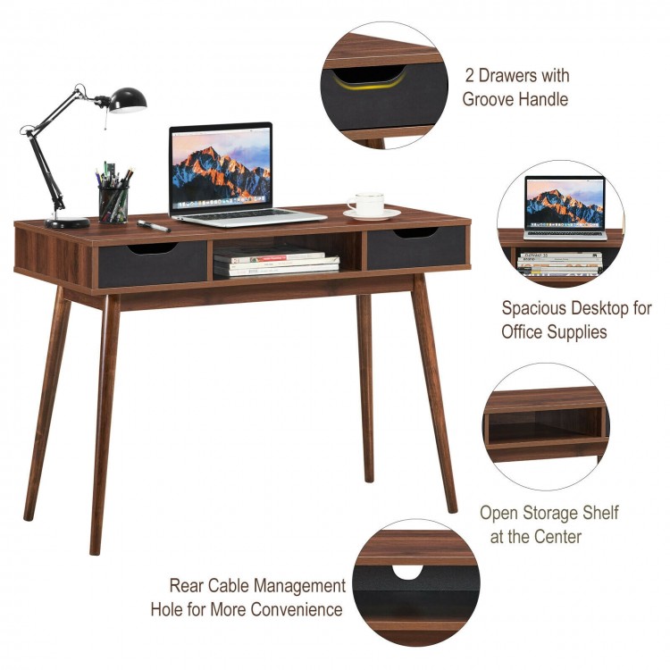 Stylish walnut computer desk featuring a spacious open shelf and two drawers, ideal for organizing office supplies.
