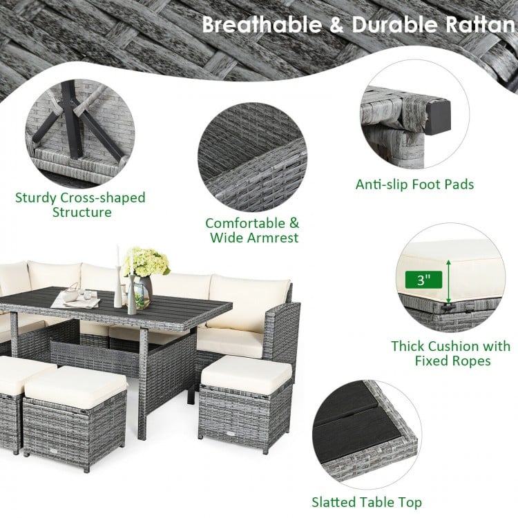7-piece all-weather patio rattan dining set featuring a sturdy table, corner chairs, and cushioned ottomans for outdoor.