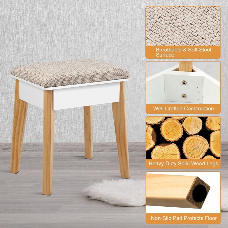 Cushioned stool with soft surface and solid wood legs, designed for use with a vanity table set for comfortable makeup.