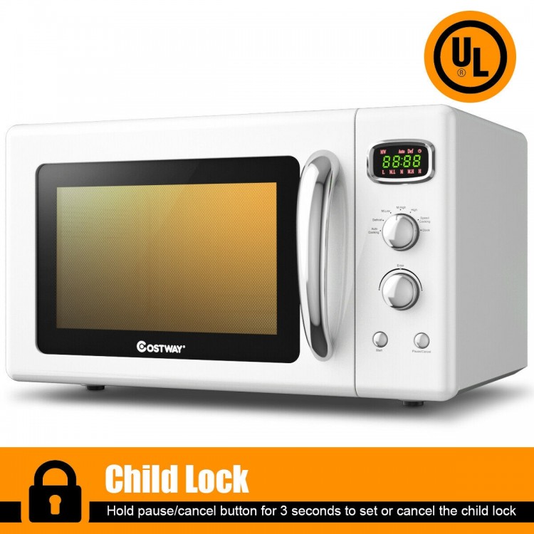 Compact 0.9 Cu.ft retro microwave oven in white with child lock, ideal for small spaces like apartments and offices.