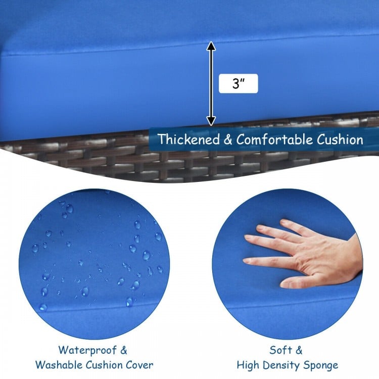 Thickened blue cushion detail with waterproof cover for 3 pcs solid wood frame patio rattan furniture set.