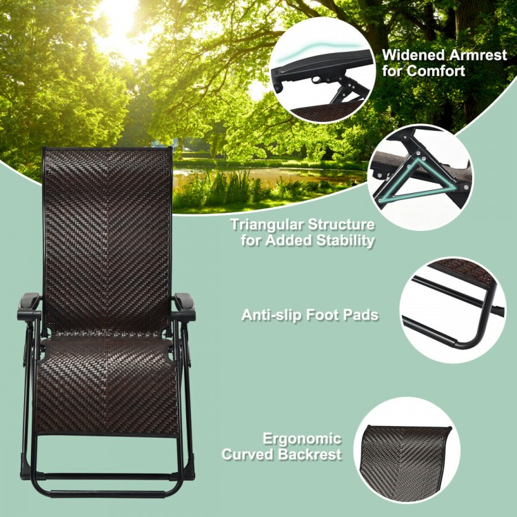 Zero gravity lounge chair with breathable rattan, ergonomic backrest, and widened armrests for outdoor relaxation.