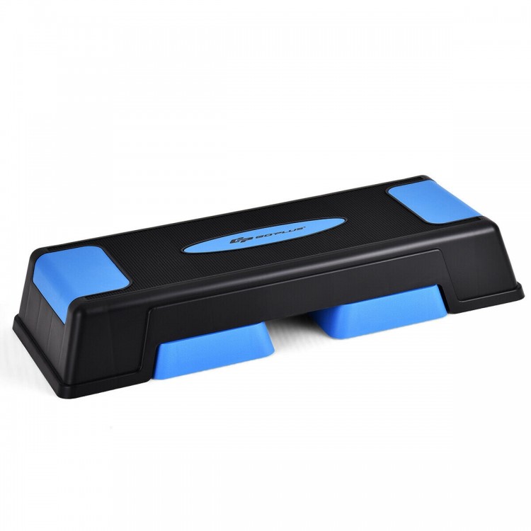 Aerobic exercise stepper trainer in blue with adjustable height for versatile workouts and anti-slip safety features.