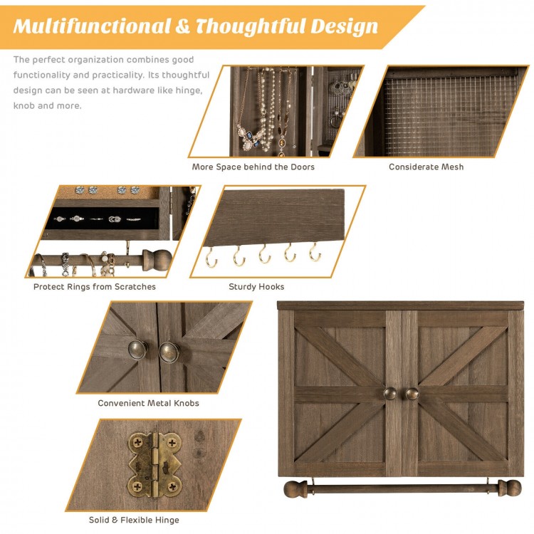 Vintage wood wall-mounted jewelry organizer with barn doors, featuring multiple hooks and silver mesh for organized.