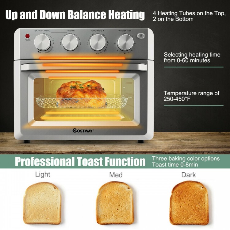 19 Qt convection air fryer toaster oven with 4 knobs, 7 cooking functions, and transparent window for easy monitoring.