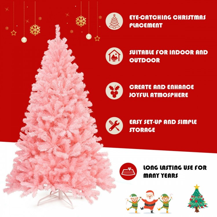 6 feet pink artificial Christmas tree with full-bodied design, easy assembly, and sturdy metal stand for festive decor.