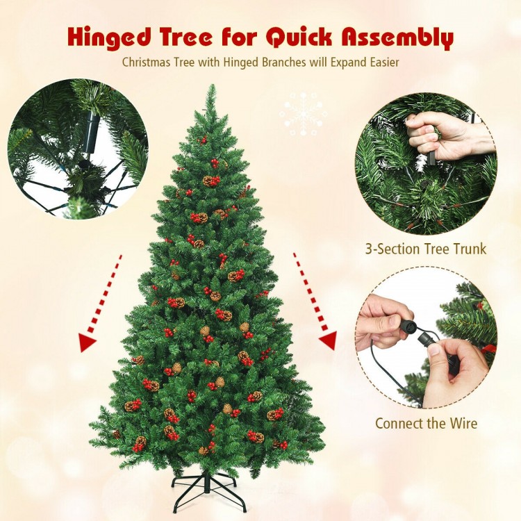 6.5 feet pre-lit hinged Christmas tree with 450 LED lights, pine cones, and red berries for festive home decoration.