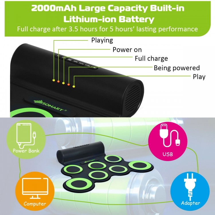 Roll-up electronic drum pads in green with 7 sensitive-touch pads, dual speakers, and rechargeable battery for portable.