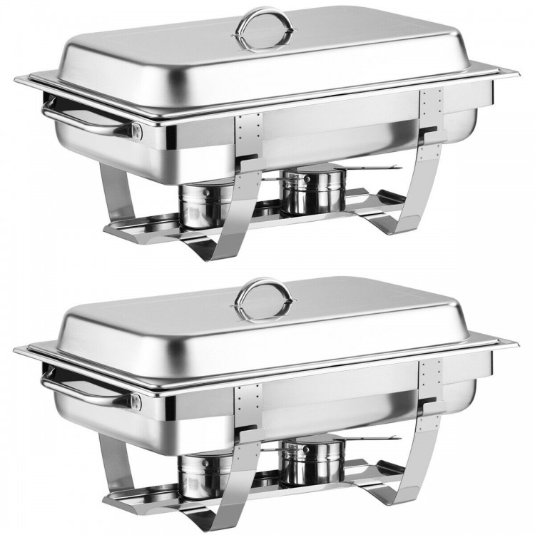 Stainless steel full-size chafing dish set with double plate design and fuel burners, ideal for buffets and events.
