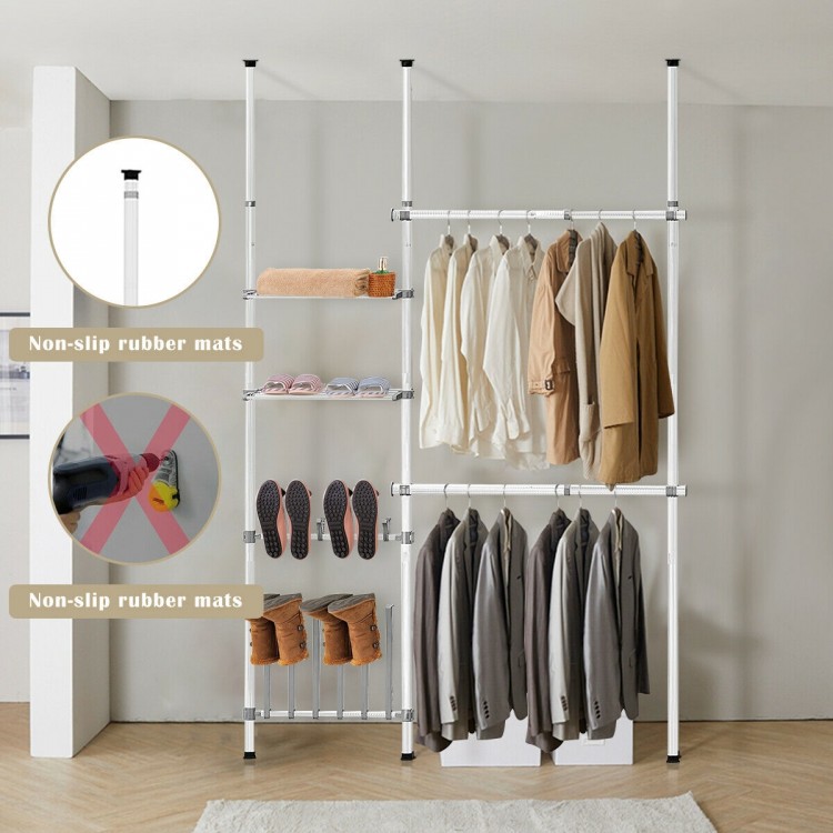 Telescopic clothes hanger rack with shoe storage and shelves, adjustable height, non-slip rubber mats for stability.