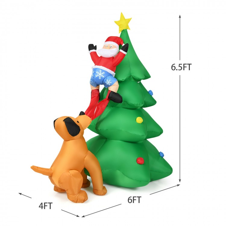 Inflatable Christmas tree with Santa and dog, 6.5 feet tall, waterproof, LED lights, perfect for outdoor holiday decor.