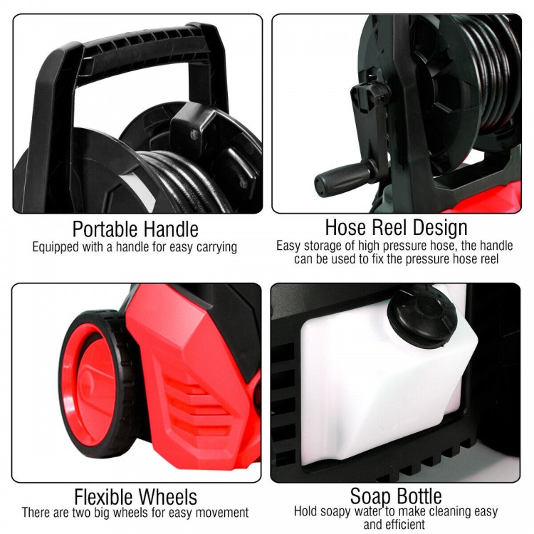 Portable handle and flexible wheels of the 3000 PSI electric pressure washer for easy movement and storage.