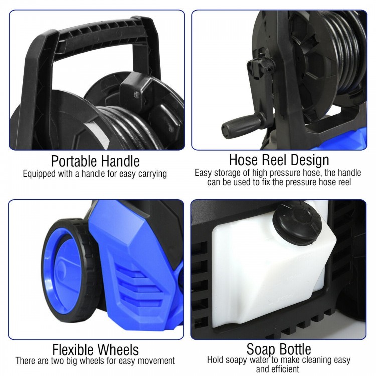 Portable handle and flexible wheels on the 3000 PSI electric pressure washer for easy movement and storage.