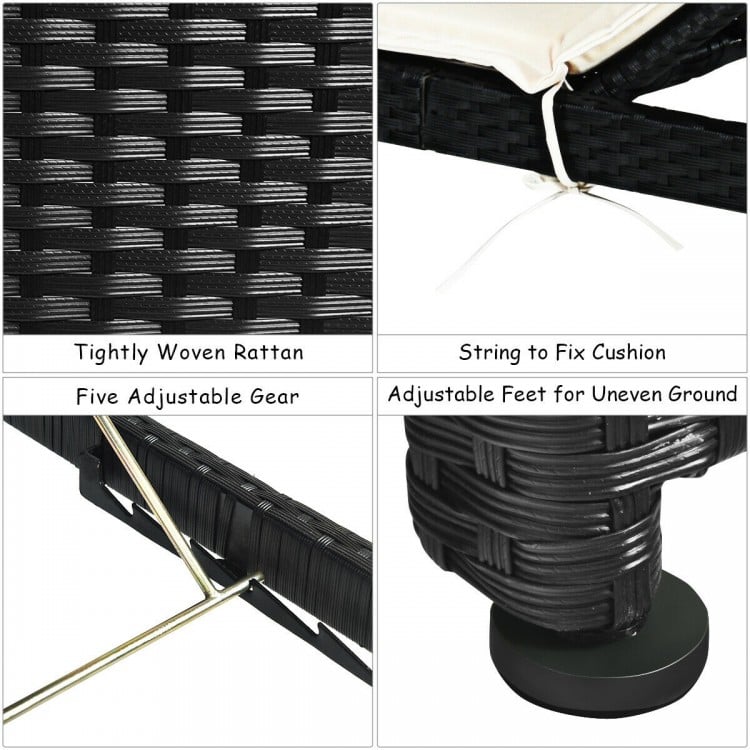 Close-up of tightly woven rattan texture and adjustable feet of the patio lounge chair for outdoor comfort.