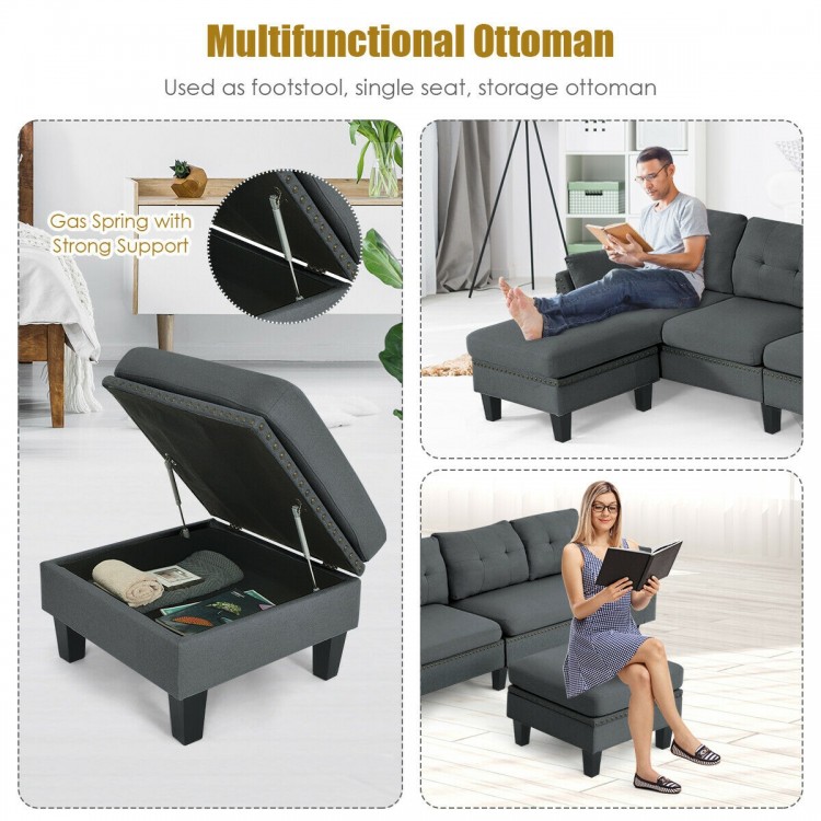 Gray multifunctional ottoman with storage, part of a reversible sectional sofa, ideal for living room use.