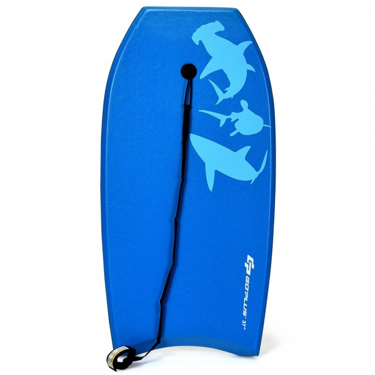 Lightweight blue bodyboard with EPS core, XPE deck, and crescent tail, ideal for surfing at the beach or pool.