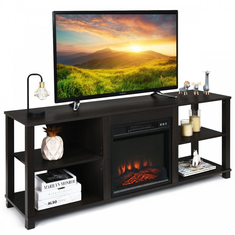 2-tier TV storage cabinet console in dark finish with adjustable shelves and space for an electric fireplace, perfect.