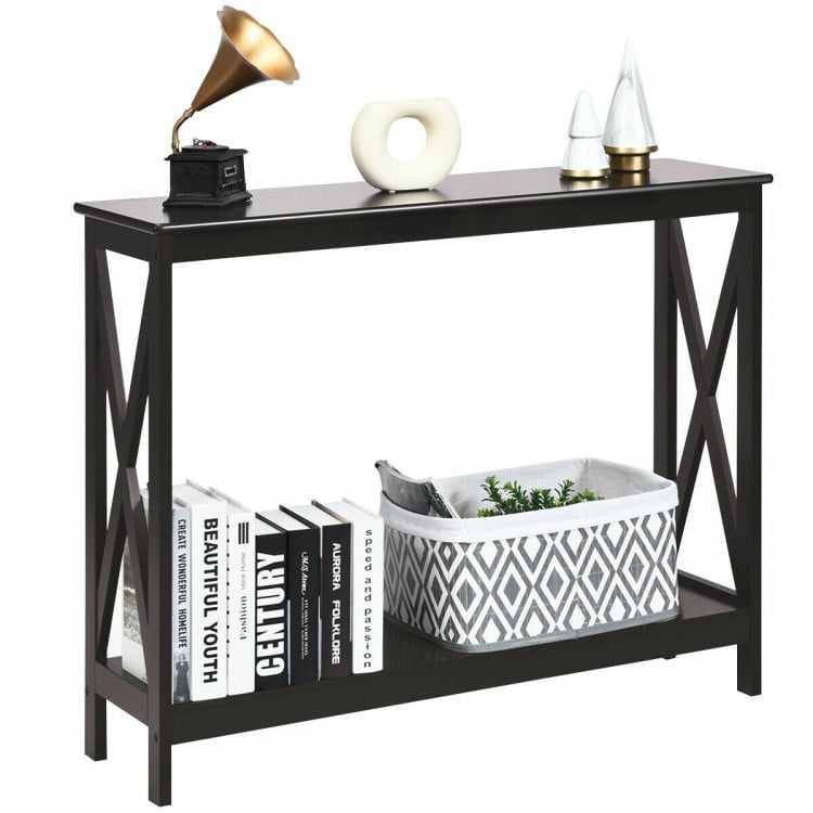 Dark brown 2-tier console table with X-design, featuring an open shelf for storage, ideal for living rooms and.