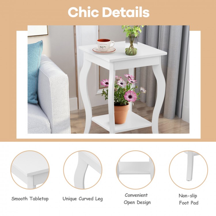 Accent side table with smooth white tabletop and curved legs, featuring a lower shelf for added storage. Ideal for.