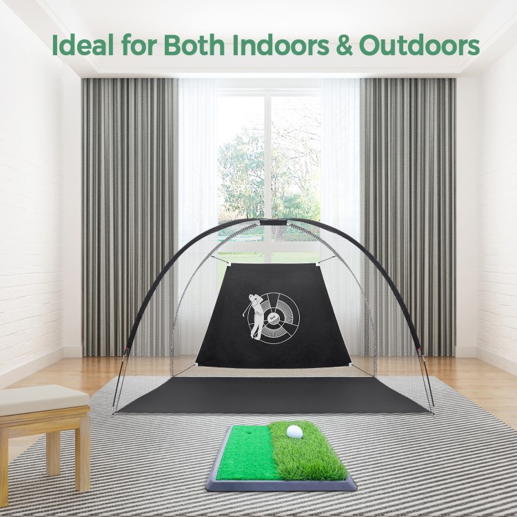 Portable 3-in-1 golf practice set with net and backdrop, ideal for indoor and outdoor use, easy to set up.