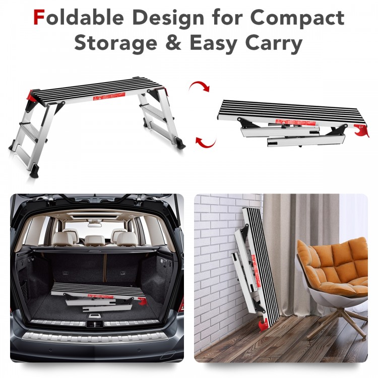 Folding aluminum step stool ladder with non-slip rubber pads, ideal for safe use in kitchens, offices, and garages.