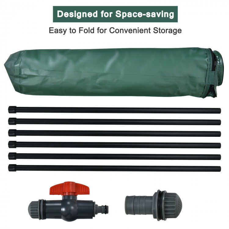 Collapsible 60-gallon rain barrel with PVC frame, spigot, and filter, designed for easy storage and water collection.