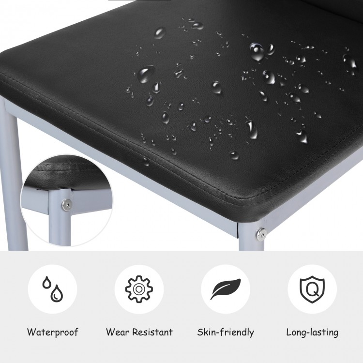 Black PVC leather dining side chair with waterproof surface and painted steel legs, ideal for modern dining spaces.