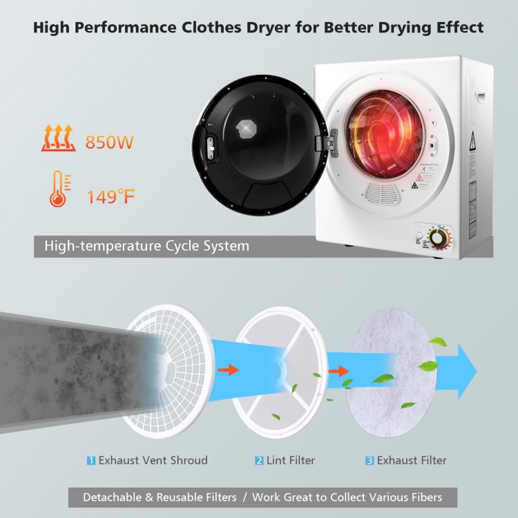Compact 1.5 cu. ft. clothes dryer with stainless steel tub, featuring a see-through window and multiple drying modes.