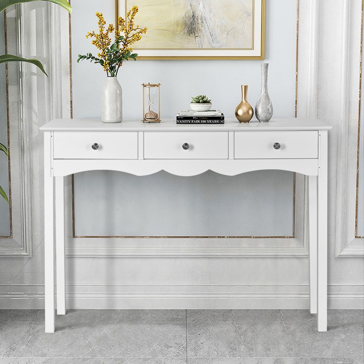 Elegant white side sofa table showcasing a glossy surface and three drawers, ideal for stylish entryway organization.